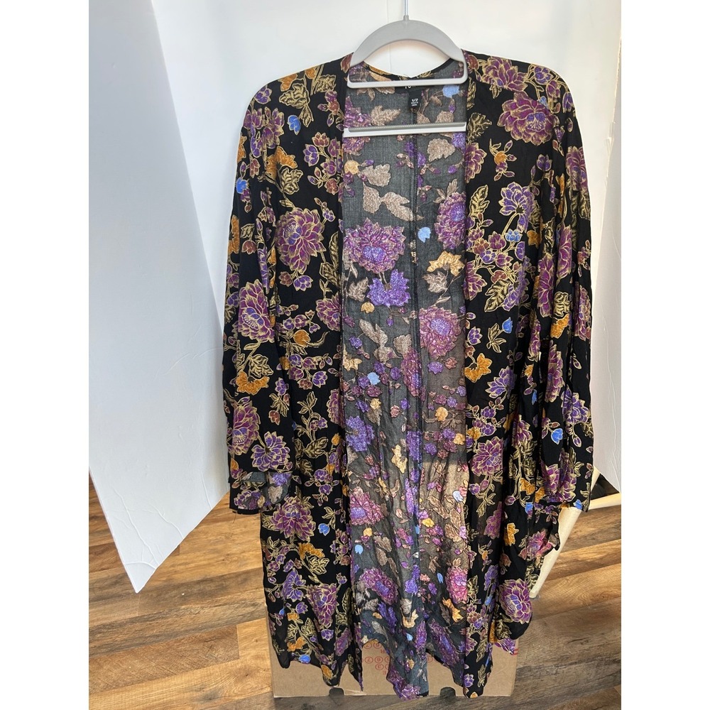 Torrid Kimono Women 1/2 Black Floral Excellent Gold Metallic Open Front Duster